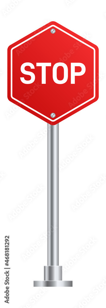 Stop road sign. Red hexagonal board on metal pole Stop road sign. Red hexagonal board on metal pole