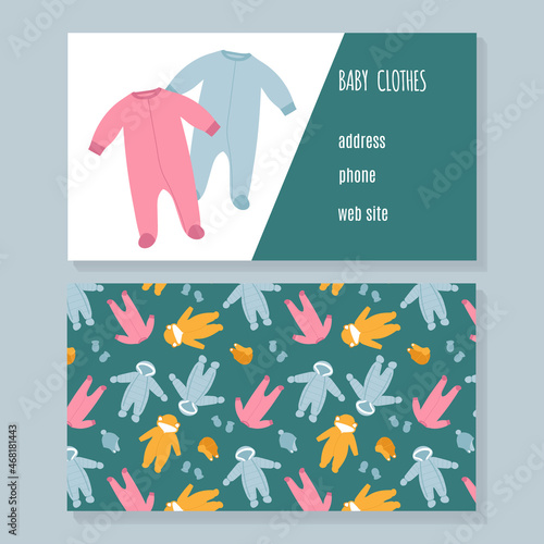 Baby clothing business card. Kids store, newborn clothes, baby shop. Vector illustration