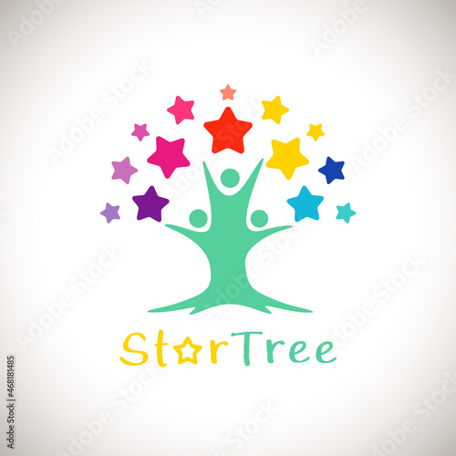 People and star tree logotype concept. Teacher and kids with colorful stars as leaves. Creative branding identity idea and lettering. Tree of life. Isolated abstract graphic design template. Arts icon
