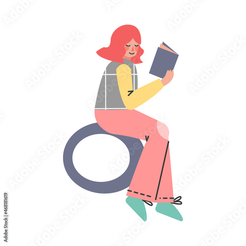 Redhead Girl Teenager in Casual Wear Sitting on Round Shape and Reading Book Vector Illustration