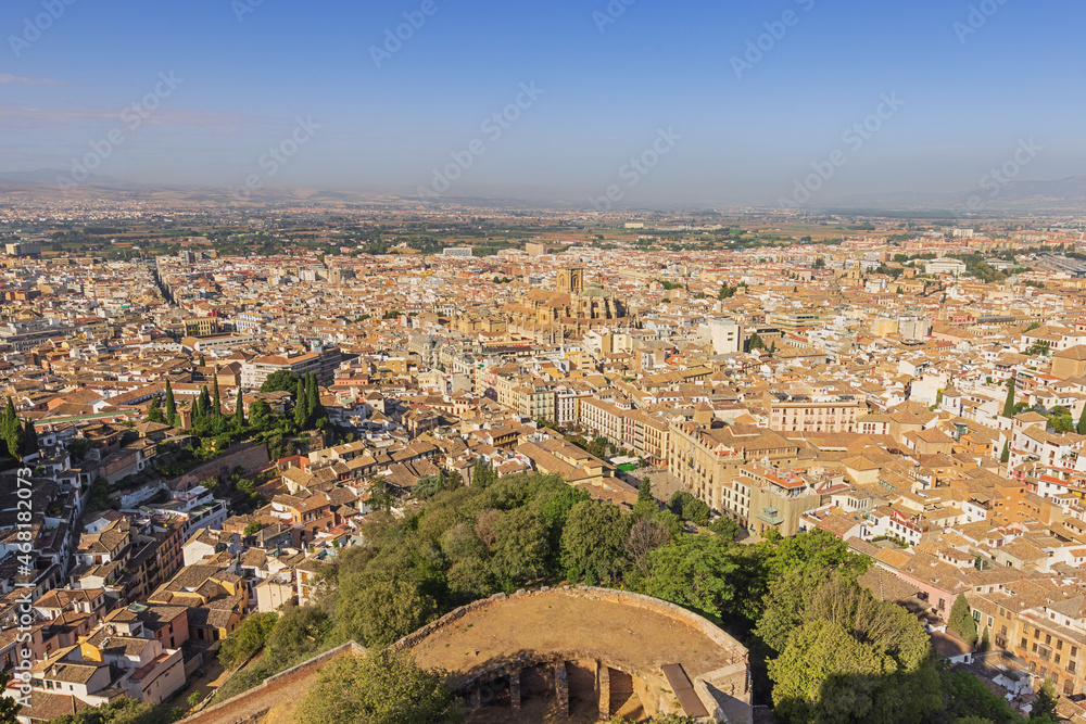 Broad view over the western part of Granada with the Cathedral, seen from the Candle Tower in the Alcabaza