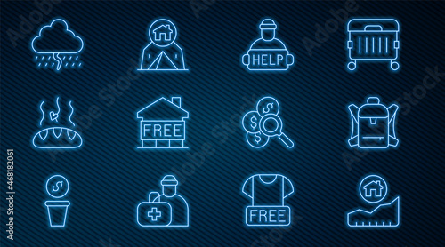 Set line Rising cost of housing, Hiking backpack, Help homeless, Shelter for, Donation food, Cloud with rain, Search money and Tourist tent icon. Vector