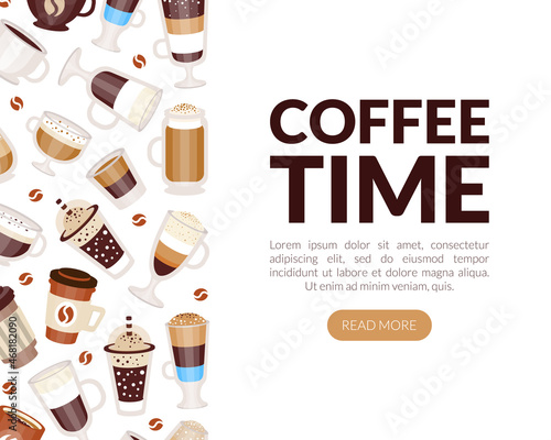 Coffee Types Poured in Mug and Cup Vector Landing Page Template