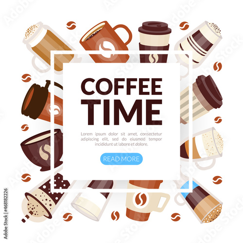 Coffee Types Poured in Mug and Cup Vector Square Card Cover Template