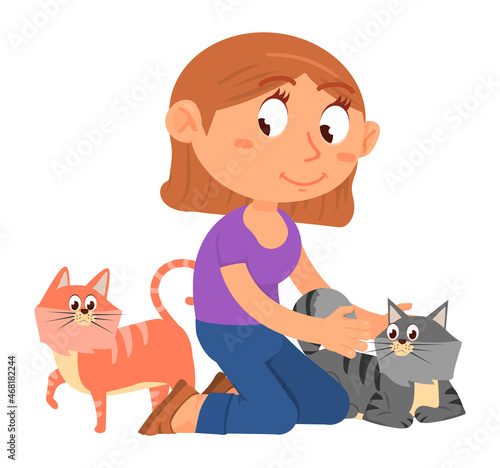 Girl playing with two cats. Kid caress pets