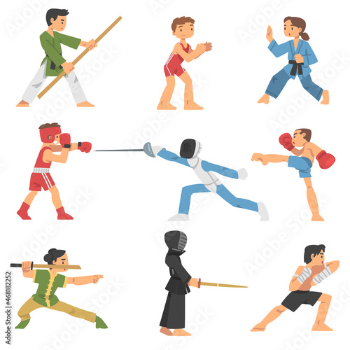 People Character Engaged in Combat Sport or Fighting Sport Competing Vector Illustration Set