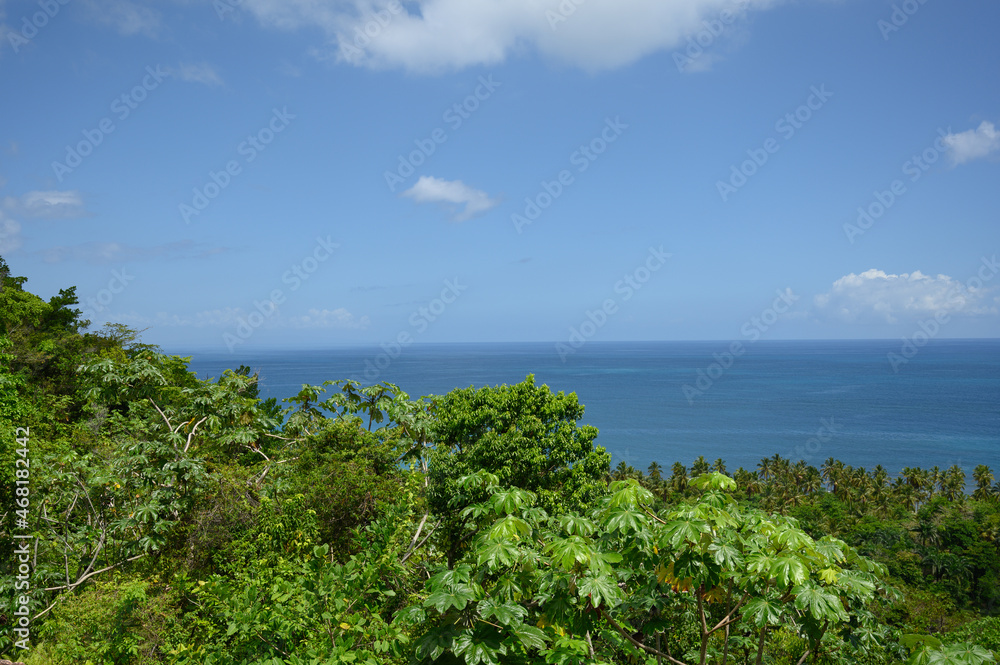 panorama atlantic ocean view from rock sunny day. The photo was taken from a high point in the mountains of the Dominican Republic to the ocean. The prospect turned out to be great, very beautiful and