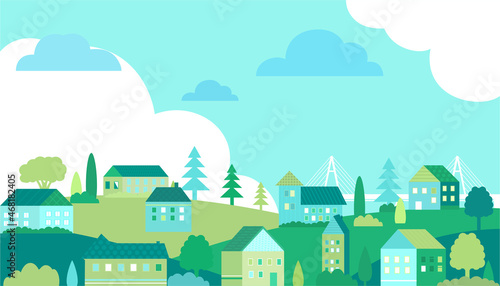 Vector poster with nature and city views.Suburban houses with trees. Vector city.	