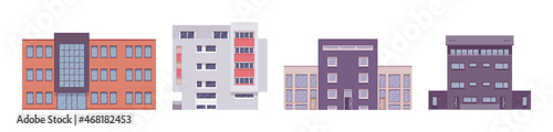 Multi storey apartment building set, modern elevation design. Residential project for contemporary city living, commercial use or office building. Vector flat style cartoon illustration, modular units