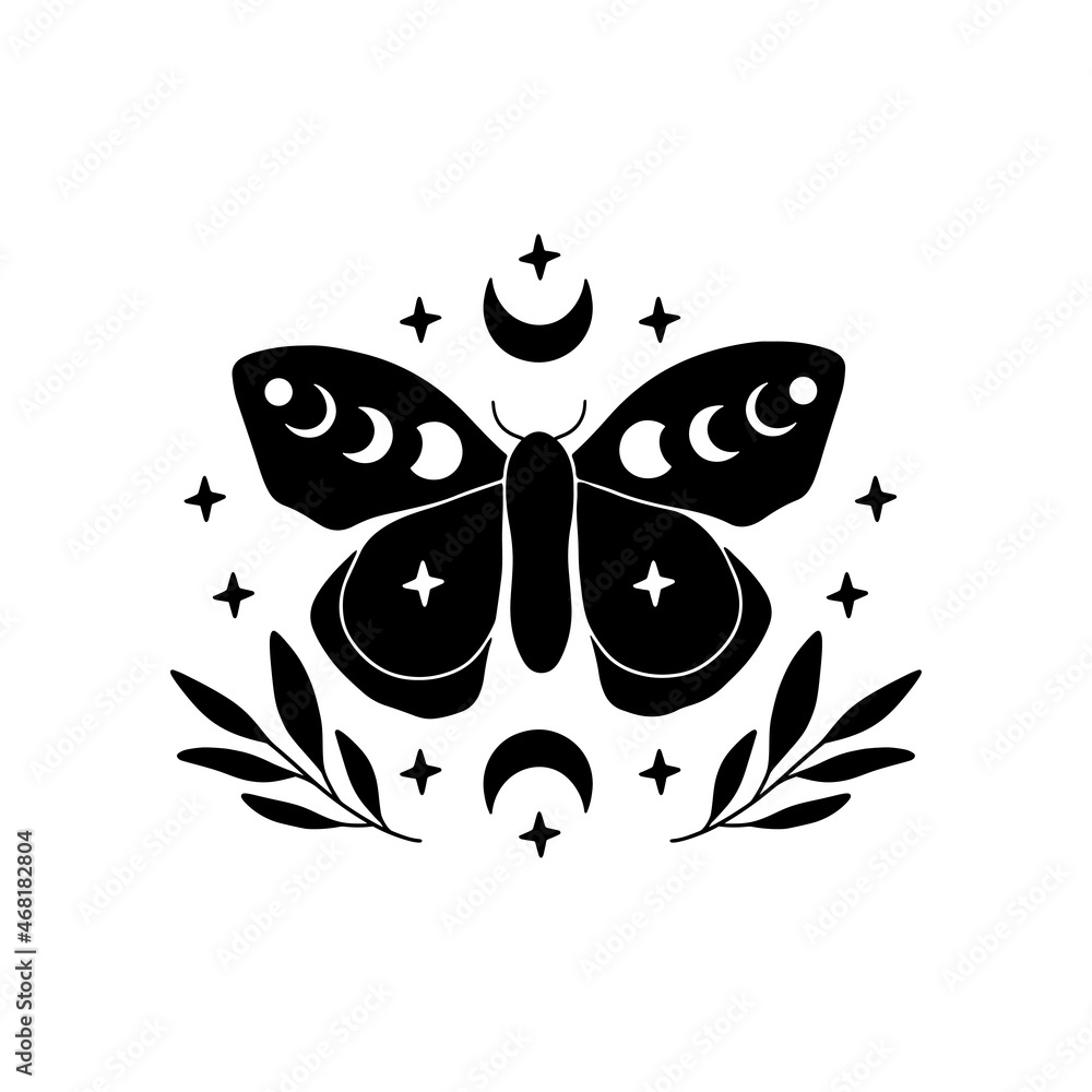 Boho celestial butterfly vector illustration. Mystical luna moth with ...