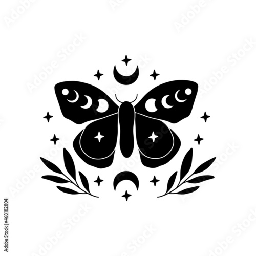 Boho celestial butterfly vector illustration. Mystical luna moth with moon phases. Magic insect on white background. Esoteric alchemy symbol. Design for poster, card, t shirt print, tattoo.