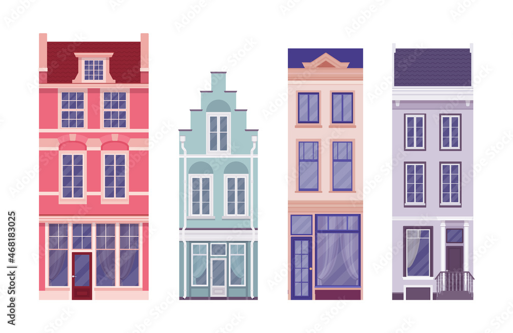 Townhouse set slim, high, steep beautiful canal houses, stepped gable, individually decorative designed separate apartments in row, luxury living architecture. Vector flat style cartoon illustration