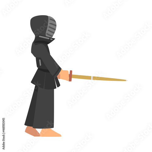 Man Character in Black Kimono with Epee Engaged in Combat Fencing Sport or Fighting Sport Competing Vector Illustration