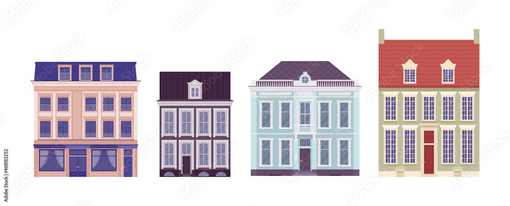 Town house set, classical mansions, different architectural style. Beautiful brick, decorated cottages detached in row, vintage apartments for urban householder. Vector flat style cartoon illustration