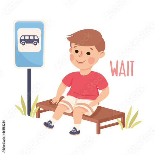 Little Boy Sitting on Bench and Waiting for Bus Vector Illustration