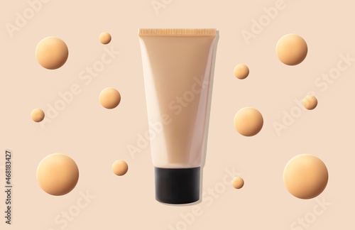 BB cream or CC cream tube mockup and liquid foundation circle drops horizontal banner format, realistic vector illustration