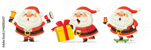 Set of cartoon Santa Claus. Happy Santa pushing Christmas gift box, holding bell and megaphone, delivering Christmas present by skateboard. Funny and cute character