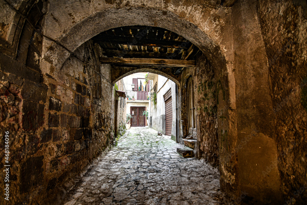 A narrow street in Caiazzo, a small village in the mountains of the province of Caserta, Italy.