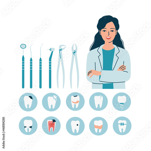 Young woman doctor dentist with a set of tools. Dental problems with teeth. Caries, cracks, tartar, braces. Female dentistry, oral care and treatment. Isolated flat vector illustration