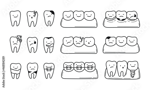 Set of teeth with emotions on the face. Dental problems in characters. Caries, tartar, plaque, implant, orthodontic braces. Dentistry icons in sketch doodle style. Isolated vector illustrations