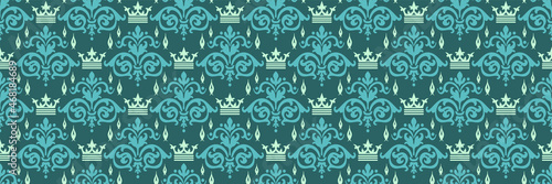 Beautiful background pattern with richly decorated floral ornaments in blue-green tones for your design. Seamless background for wallpaper, textures. Vector illustration.