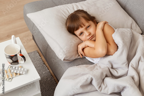 Sad unhealthy sick little girl lying under blanket on cough, looking at camera, feeling unwell, having high temperature, posing alone in room, fells sorrow while having influenza.