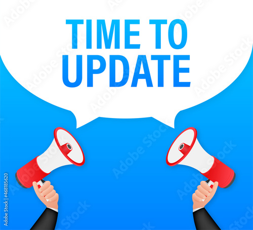 Hand Holding Megaphone with Time to update. Megaphone banner. Web design