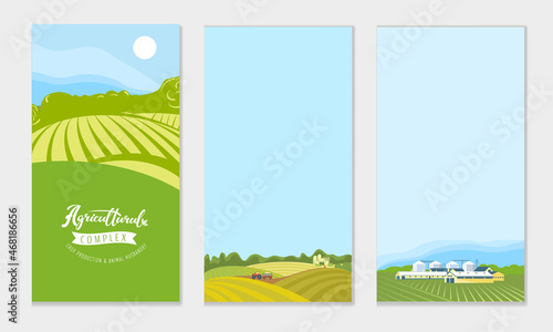 A set of banners with the concept of agriculture, crop production, and farming. Vector illustrations of farmland, rural landscape, tractor, combine harvester in the field.