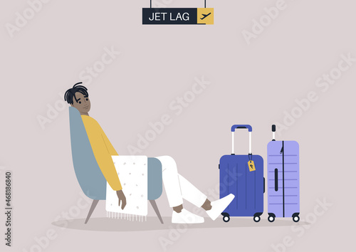 A young male African character suffering because of the jet lag, travel downsides, time zone difference