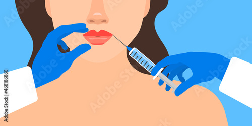 doctor hands with syringe makes botox cosmetic injection to woman lips vector illustration
