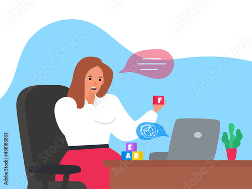 speech therapist showing letters training articulation working from home using laptop online video conference vector illustration