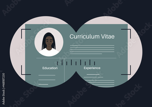Head hunter concept, a binocular view of a CV, a young female African applicant looking for a job