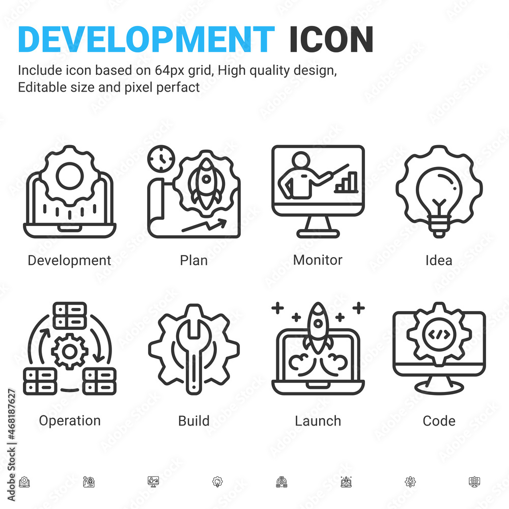 Vector devops icons set with outline style isolated on white background ...