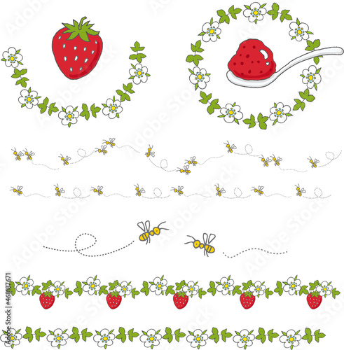 いちごとミツバチの手描きベクターイラスト
