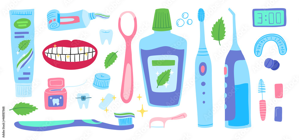 Cartoon Color Mouth Cleaning Tools Icons Set Include of Toothbrush, Tooth, Toothpaste and Mouthwash Flat Design Style. Vector illustration Cartoon Color Mouth Cleaning Tools Icons Set Include of Toothbrush, Tooth, Toothpaste and Mouthwash Flat Design Style. Vector illustration