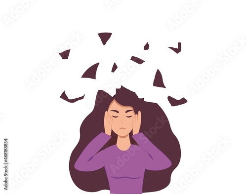 Mental problems. Nervous sad girl holding her head with her hands.  Vector illustration