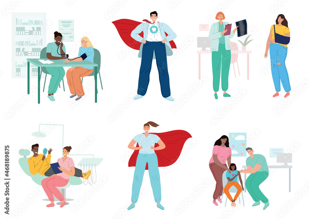 Fototapeta premium Doctors and patients, diverse medical workers. Hospital, medicine.