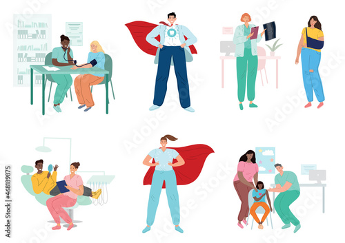 Doctors and patients, diverse medical workers. Hospital, medicine.
