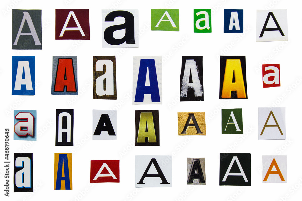 Alphabet letter A cutting from magazine paper. Newspaper clippings with