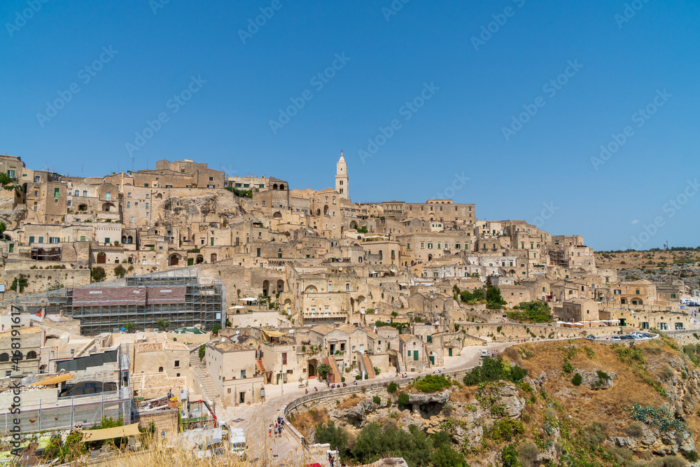 Panorama of Matera from San Pietro Caveoso viewpoint on Sasso Barisano and on the canyon carved by the Gravina River