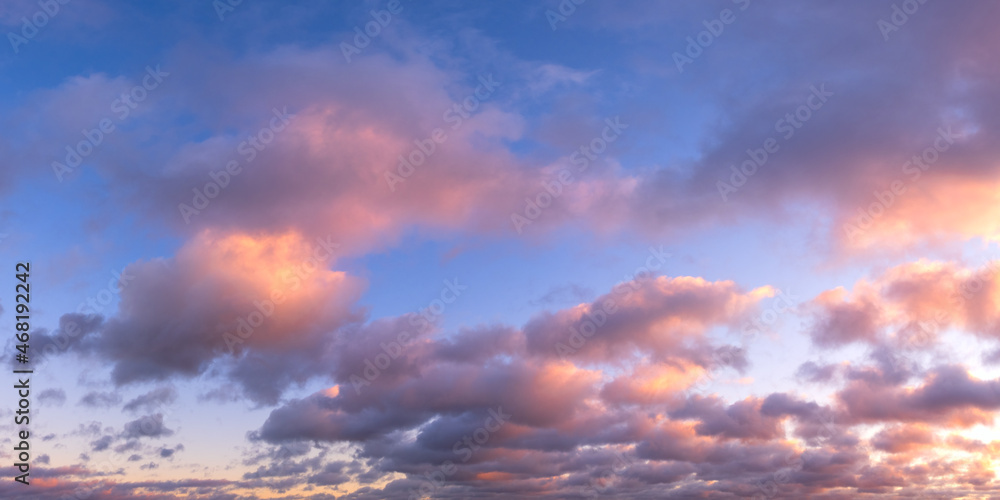 Panoramic landscape of bright  sunrise sunset sky