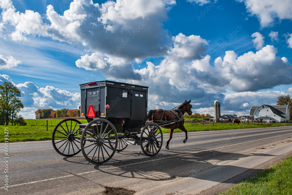 Amish Buggy on rural Indiana road on Cloudy Day