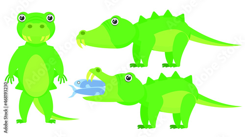 Set Abstract Collection Flat Cartoon  Different Animal Crocodiles Stand  Eating Fishes Vector Design Style Elements Fauna Wildlife