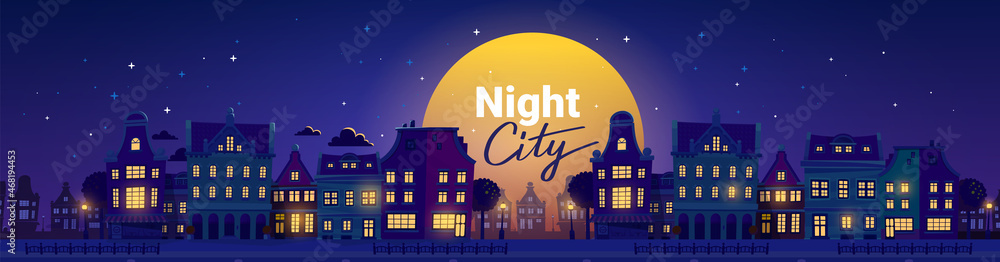 Vector illustration of silhouette of night city street with light window and bridge on dark blue sky background with cloud and shine full round moon. Flat style design with text night city