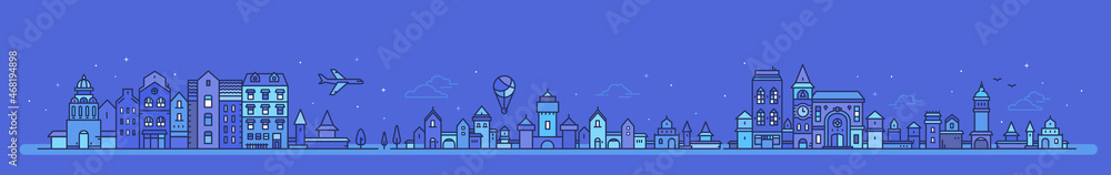 Vector illustration of cityscape on blue color sky background with plane and air balloon. Line art style design of panorama of european city street