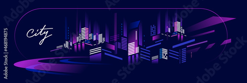 Vector abstract illustration of neon color night city street with light on dark sky background. Isometric style design with text city