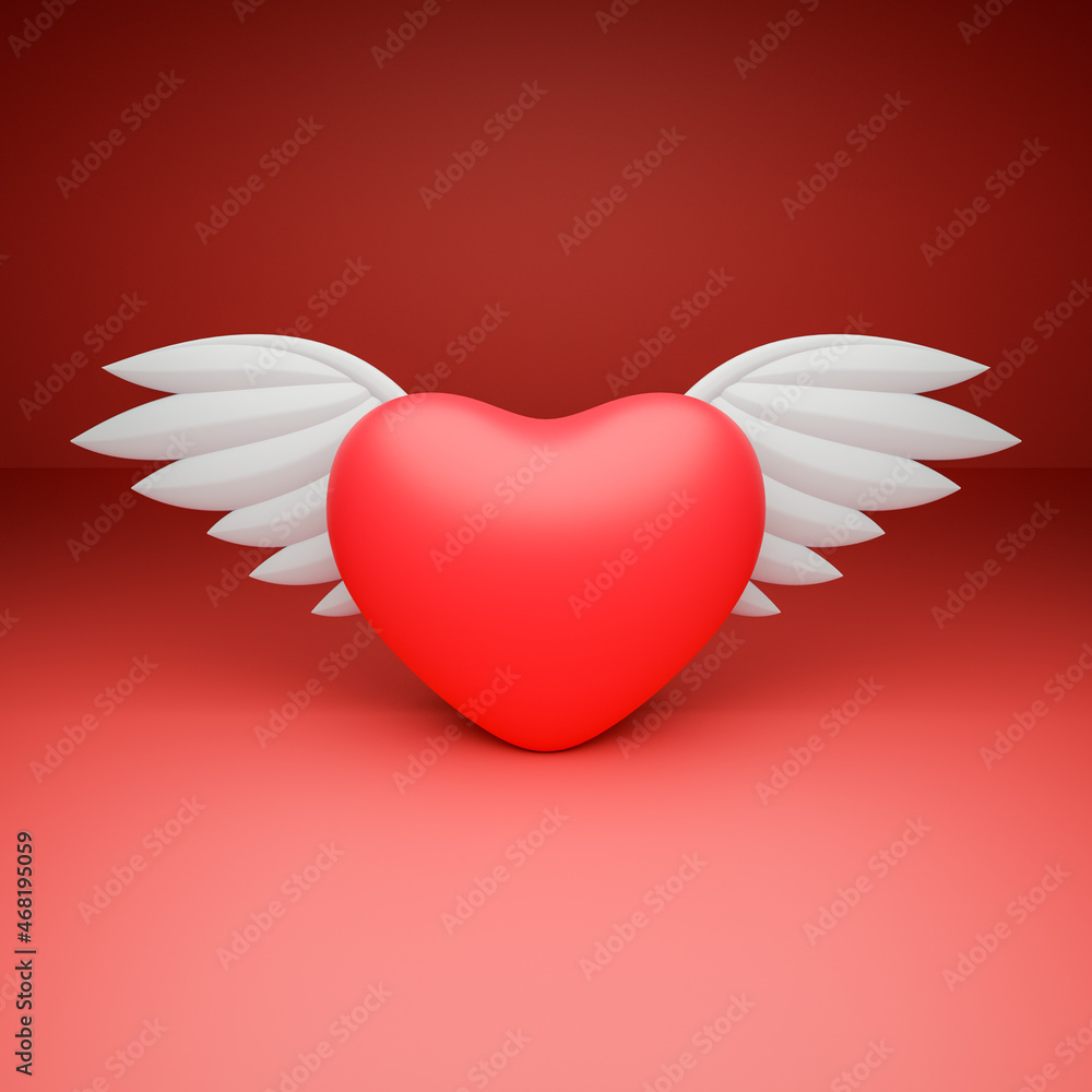 Red heart with white wings on red background 3D render flying heart Red heart with white wings on red background 3D render flying heart