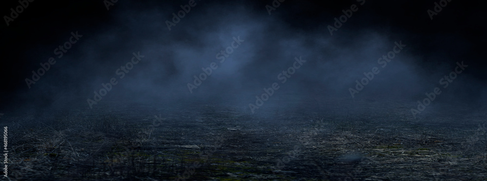 Dark street, wet asphalt, reflections of rays in the water. Abstract dark blue background, smoke, smog. Empty dark scene, neon light, spotlights. 