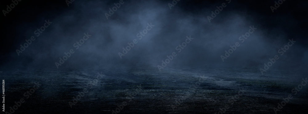 Dark street, wet asphalt, reflections of rays in the water. Abstract dark blue background, smoke, smog. Empty dark scene, neon light, spotlights. 