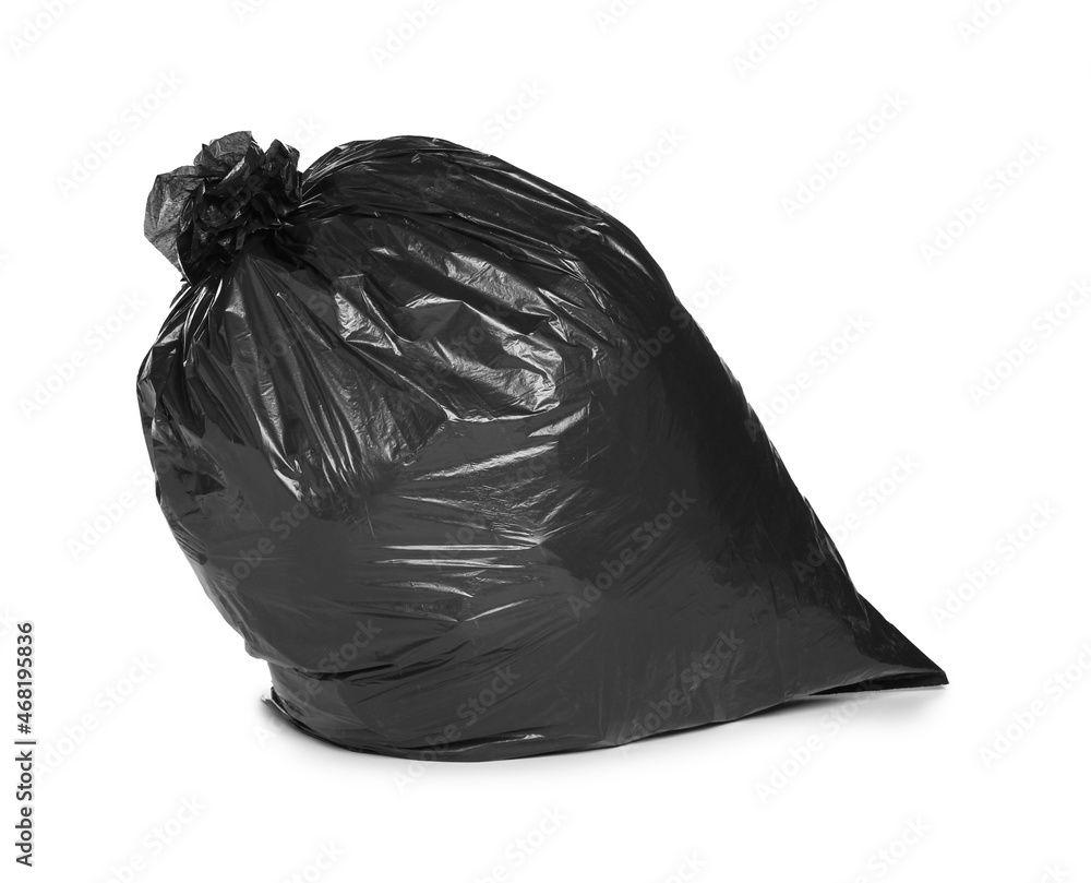 Black trash bag filled with garbage isolated on white Black trash bag filled with garbage isolated on white